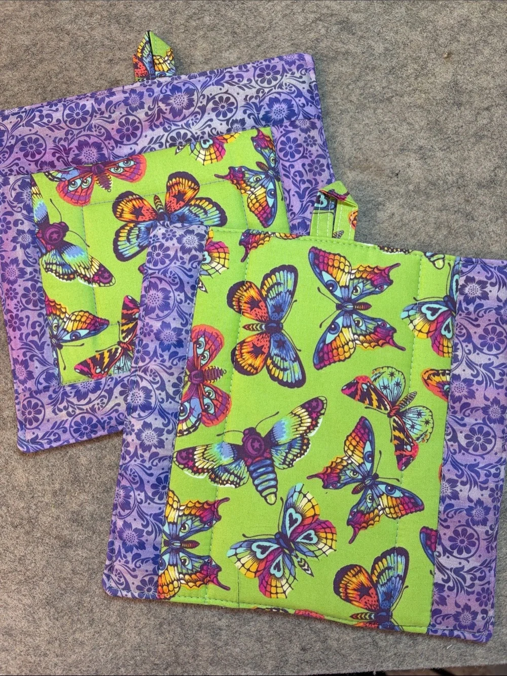 Pair (2) Homemade quilted butterfly potholders 8”